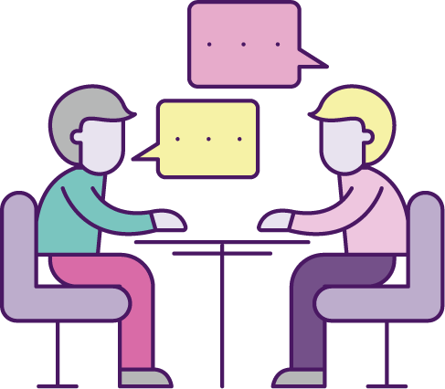 Graphic of two people sat talking at a table