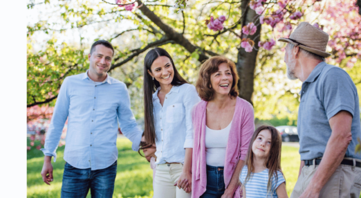 Three generation family on a walk outside in spring nature.