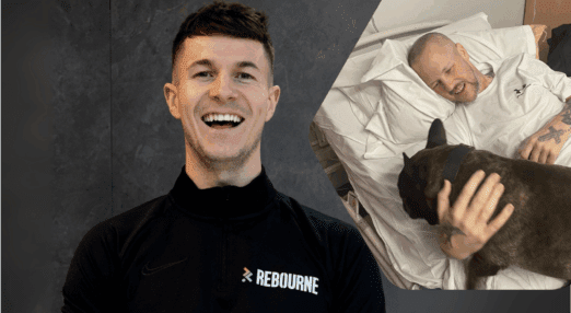 man smiling and a hexagon with picture of man in bed with dog